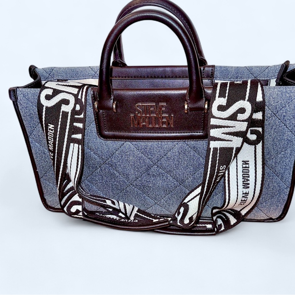 Steve Madden Bcasidy Satchel Tote-Washed Denim Blue | Quilted Denim + Logo Strap